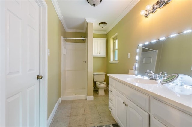 bathroom with tile patterned flooring, walk in shower, ornamental molding, vanity, and toilet