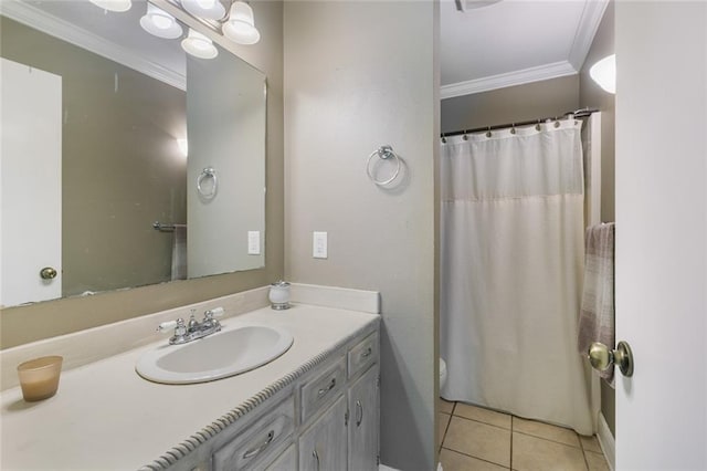 bathroom featuring ornamental molding, tile patterned floors, a shower with shower curtain, and vanity