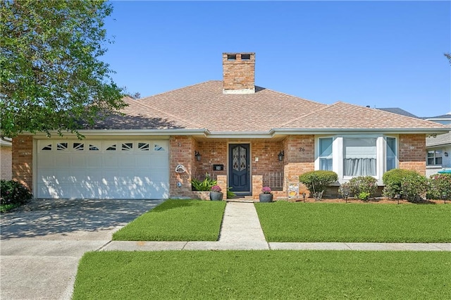 single story home with a garage and a front lawn