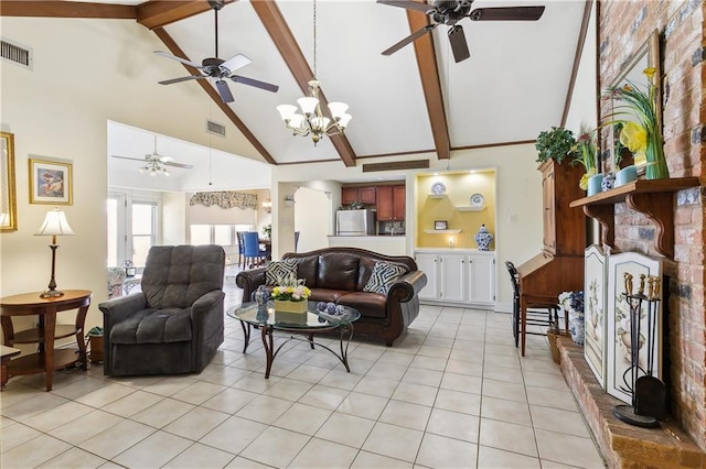 living room with high vaulted ceiling, beam ceiling, ceiling fan with notable chandelier, and light tile patterned floors