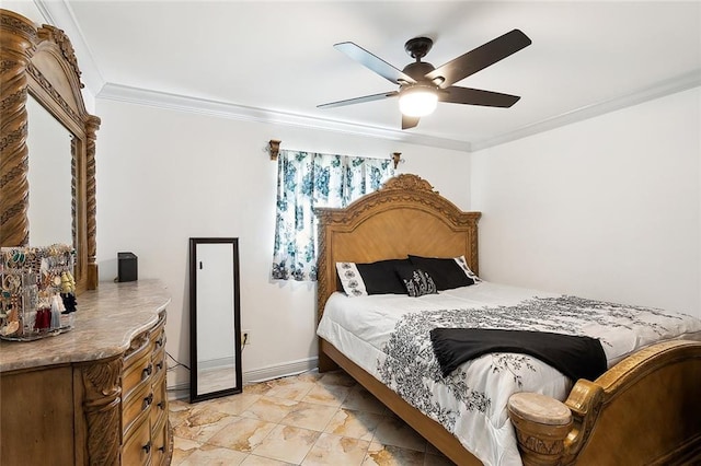 bedroom with ceiling fan and crown molding