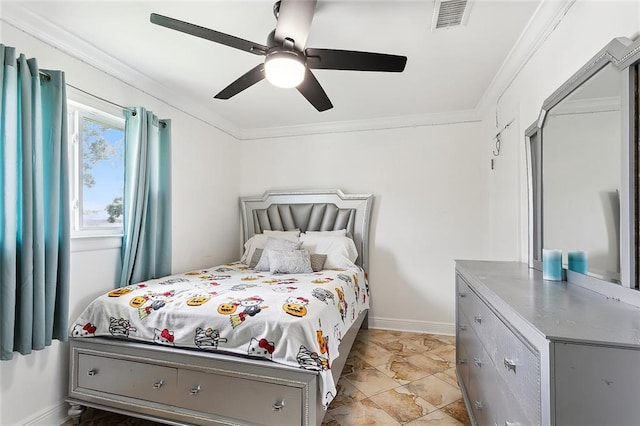 bedroom featuring ceiling fan and crown molding