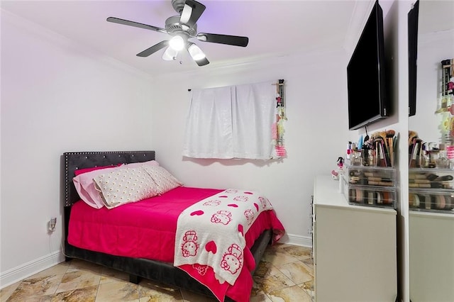 bedroom with ornamental molding and ceiling fan