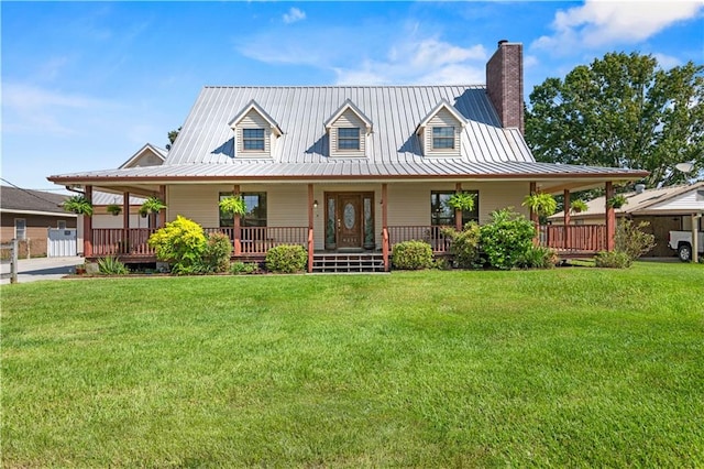 country-style home featuring a front lawn and covered porch