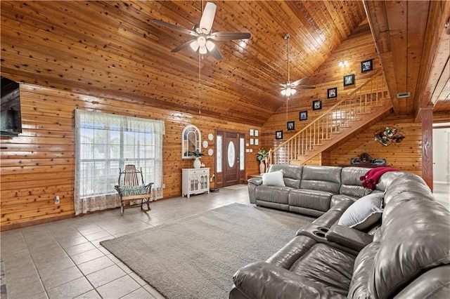 unfurnished living room featuring ceiling fan, wooden walls, high vaulted ceiling, and wooden ceiling