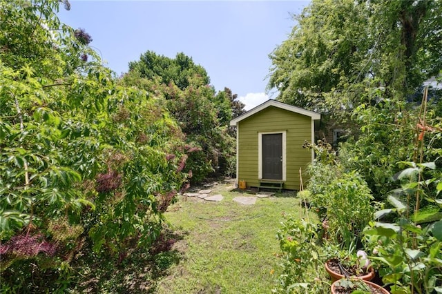 view of yard with a storage shed