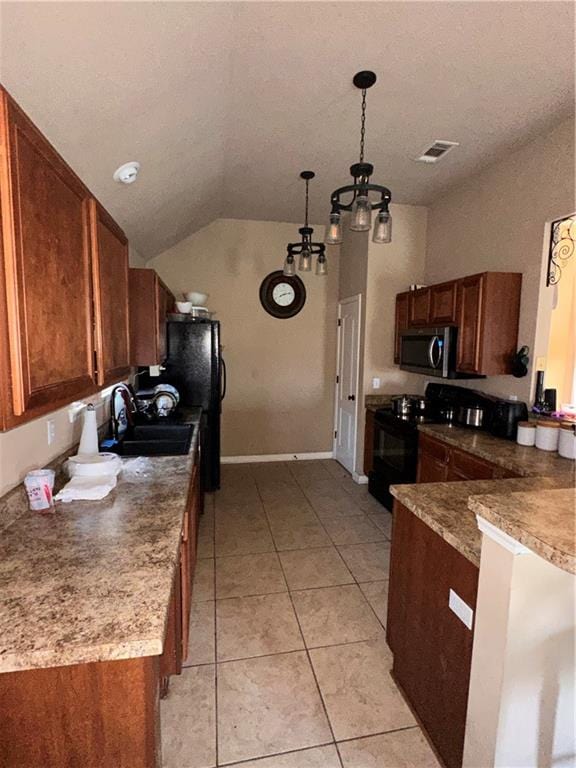 kitchen with a chandelier, black electric range, sink, lofted ceiling, and hanging light fixtures