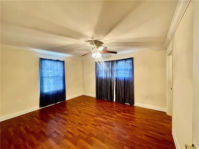 spare room with ornamental molding, ceiling fan, and hardwood / wood-style flooring