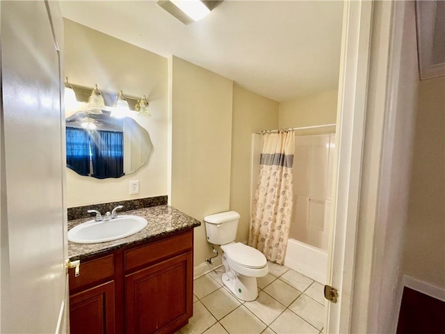 full bathroom featuring vanity, tile patterned flooring, toilet, and shower / bathtub combination with curtain