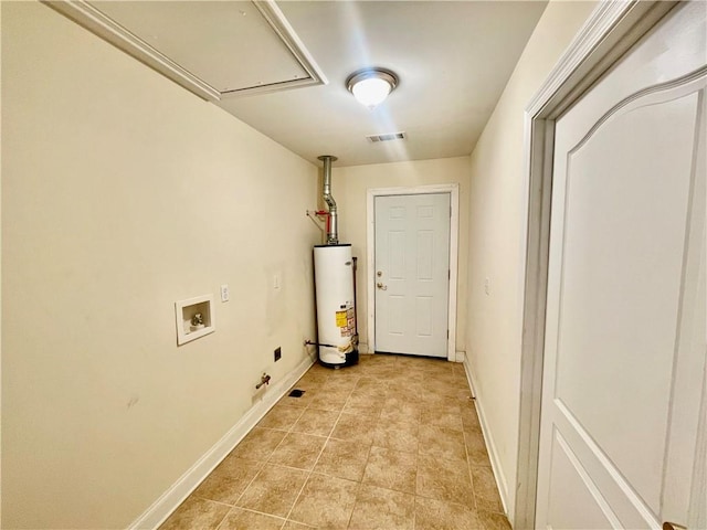 clothes washing area with gas water heater, hookup for an electric dryer, hookup for a washing machine, and gas dryer hookup