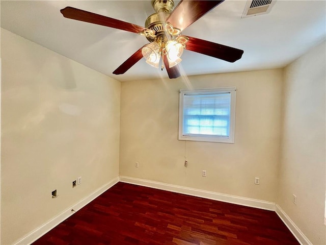 empty room featuring ceiling fan and dark wood-type flooring