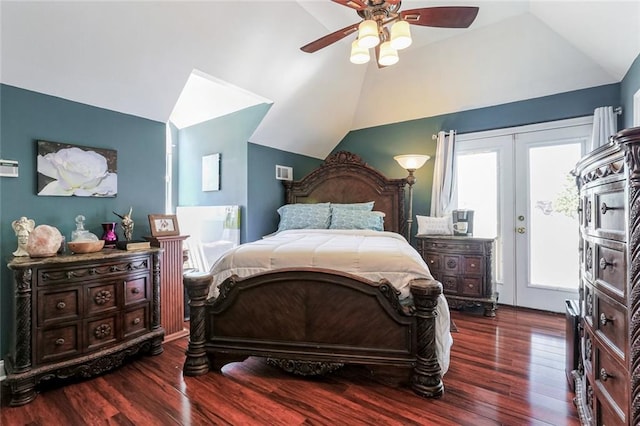 bedroom with access to outside, lofted ceiling, dark hardwood / wood-style flooring, and ceiling fan