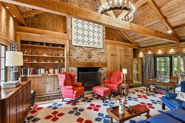 living room with wooden ceiling, a fireplace, beamed ceiling, and high vaulted ceiling