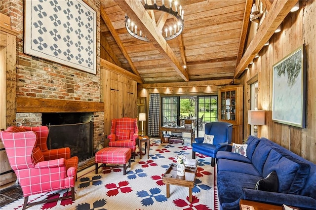 living room with wood ceiling, a brick fireplace, vaulted ceiling with beams, and wooden walls