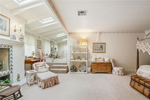 living area with carpet and lofted ceiling with skylight