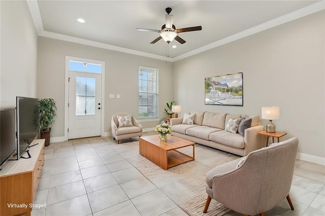 living room featuring crown molding, light tile patterned floors, and ceiling fan