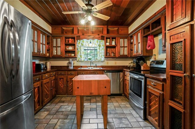 kitchen with appliances with stainless steel finishes, wood ceiling, a kitchen island, ceiling fan, and sink