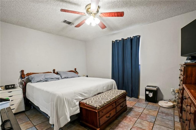 bedroom featuring ceiling fan and a textured ceiling