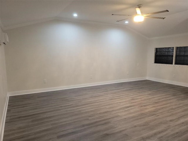 unfurnished room with ceiling fan, vaulted ceiling, and dark hardwood / wood-style flooring