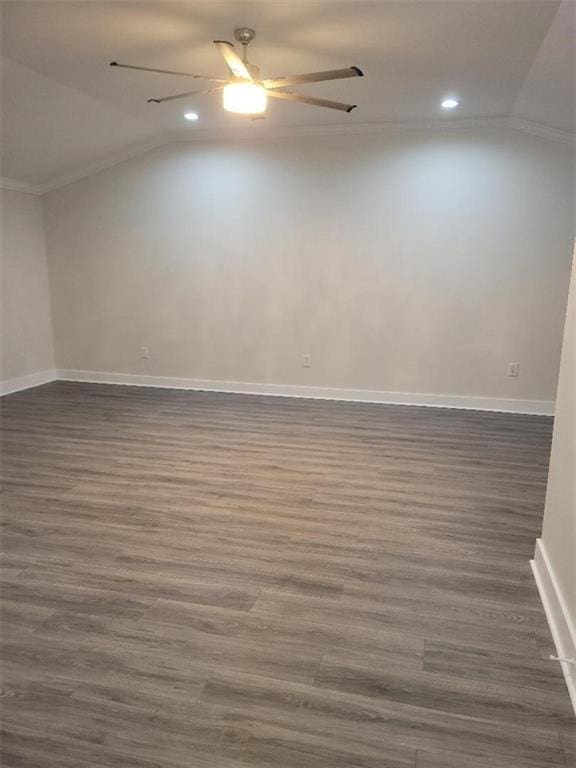 4985 Feliciana Dr, New Orleans, LA 70126 - unfurnished room featuring a ceiling fan, recessed lighting, vaulted ceiling, baseboards, and dark wood finished floors