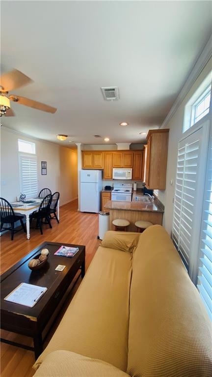 living room with ornamental molding, light wood-type flooring, and ceiling fan