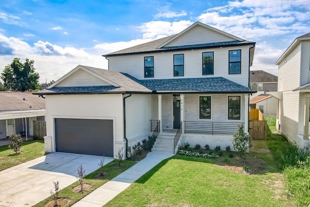 view of property featuring a front yard, a garage, and covered porch