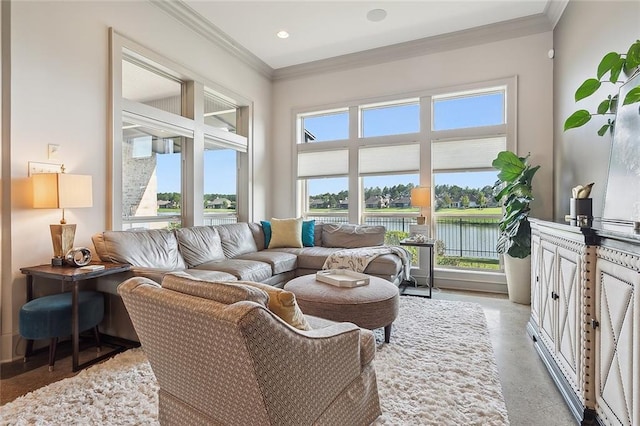 living room with a healthy amount of sunlight, a water view, and crown molding