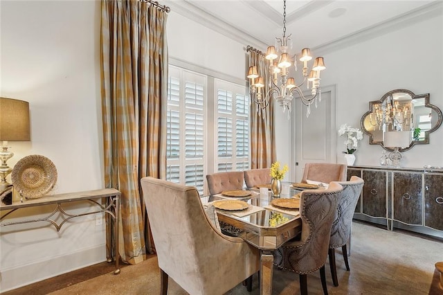 dining area with a notable chandelier and crown molding