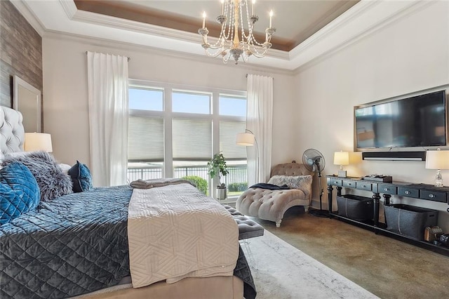 carpeted bedroom featuring an inviting chandelier, a raised ceiling, and ornamental molding