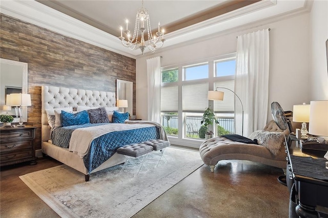 bedroom with a raised ceiling, crown molding, and a notable chandelier