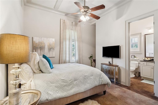 carpeted bedroom featuring ceiling fan, connected bathroom, and ornamental molding