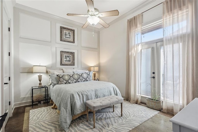 bedroom featuring ceiling fan, crown molding, and french doors