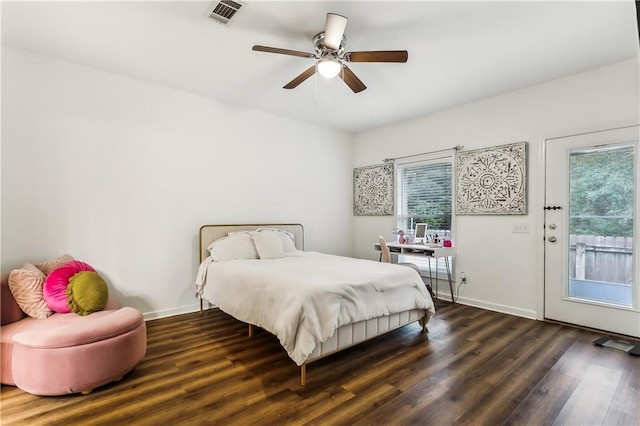 bedroom featuring ceiling fan, dark hardwood / wood-style floors, and access to outside