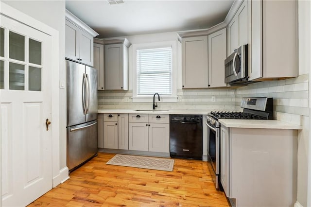 kitchen with sink, gray cabinetry, stainless steel appliances, light wood-type flooring, and decorative backsplash