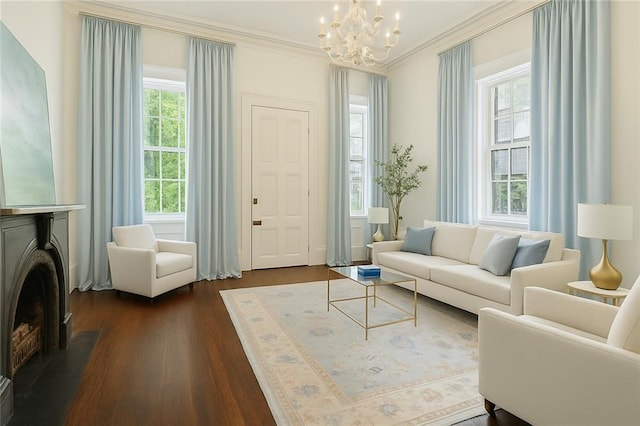 600 Esplanade Ave Unit 1, New Orleans, LA 70116 - living room with a chandelier, crown molding, a fireplace with flush hearth, and dark wood finished floors