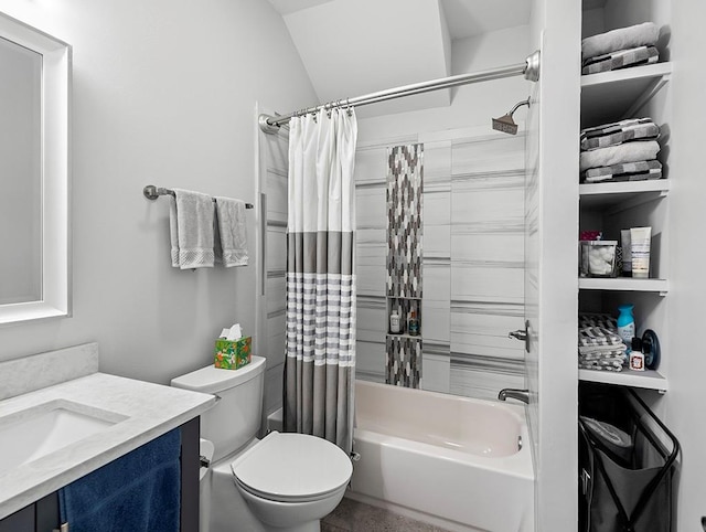 full bathroom featuring shower / bath combination with curtain, vanity, lofted ceiling, and toilet