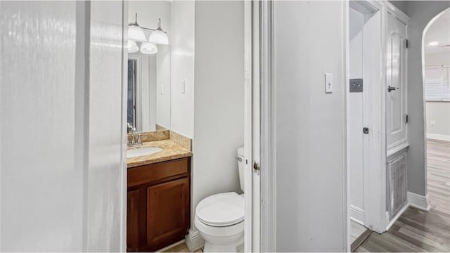 bathroom with hardwood / wood-style floors, vanity, and toilet