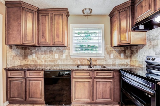 kitchen with custom exhaust hood, sink, backsplash, stone counters, and black appliances