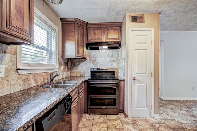 kitchen featuring decorative backsplash, dishwasher, a textured ceiling, sink, and stainless steel electric range oven