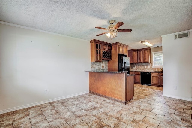 kitchen featuring a textured ceiling, kitchen peninsula, black appliances, backsplash, and ceiling fan