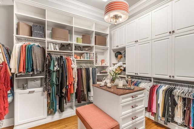 walk in closet with light wood-type flooring