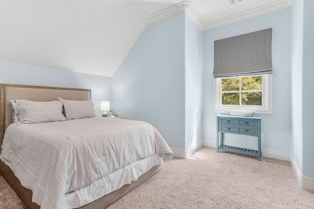 carpeted bedroom featuring crown molding and vaulted ceiling