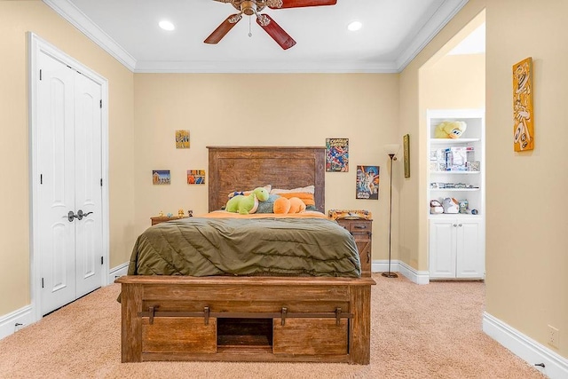 carpeted bedroom with crown molding, a baseboard radiator, and ceiling fan