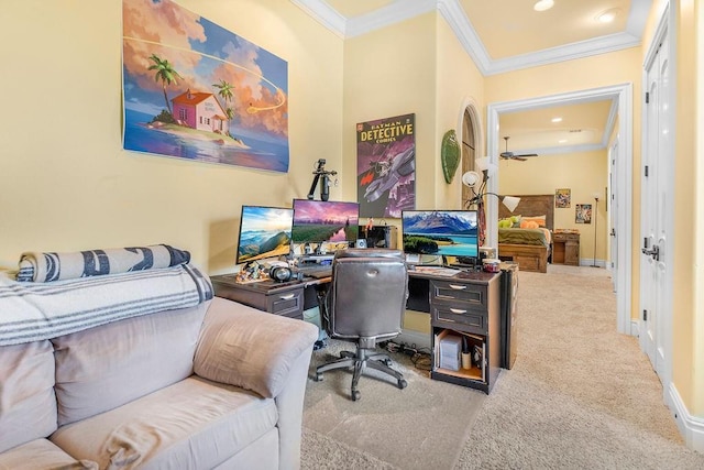 office space featuring crown molding and carpet flooring