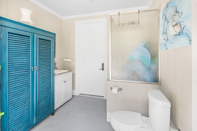 bathroom featuring vanity, ornamental molding, concrete floors, and toilet