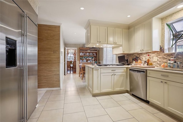 kitchen with stainless steel appliances, plenty of natural light, sink, and kitchen peninsula