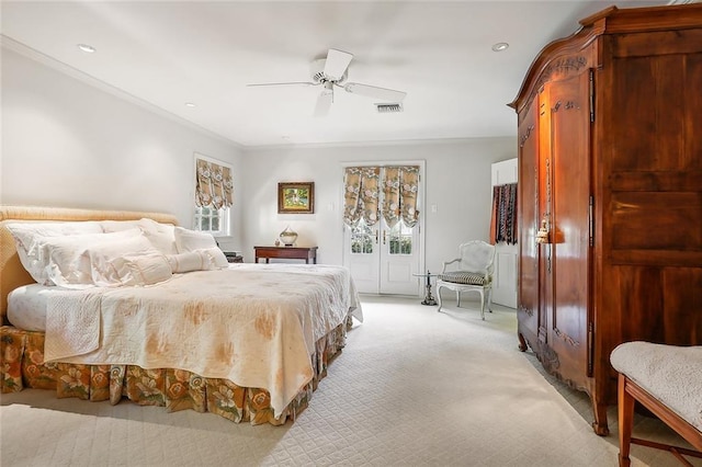 carpeted bedroom with ceiling fan, access to exterior, and ornamental molding