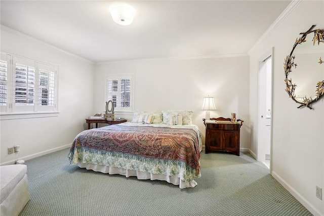 bedroom with carpet floors and ornamental molding