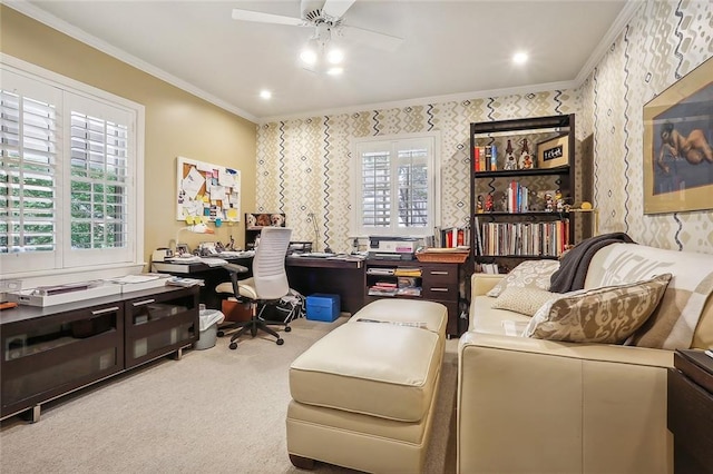 office with ceiling fan, carpet flooring, and ornamental molding