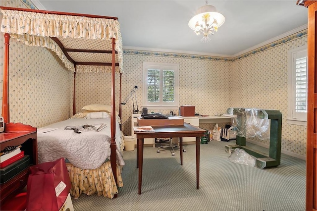 bedroom featuring carpet flooring, ornamental molding, and a notable chandelier